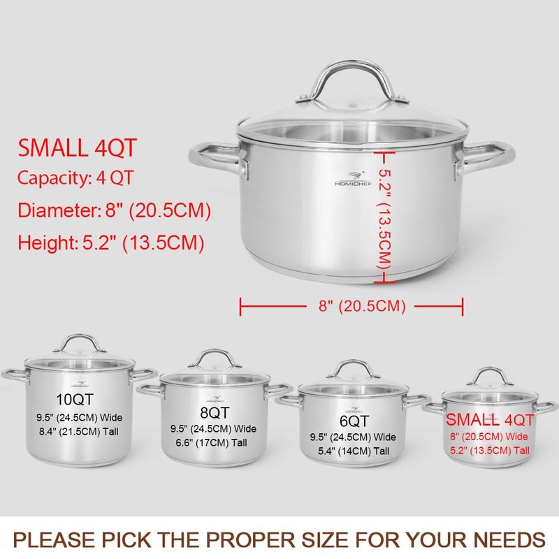 HOMICHEF Small Stock Pot 4 Quart Nickel Free Stainless Steel - Small 4 Qt Pot With Lid - 4Qt Stockpot With Lid - Soup Pot Small Cooking Pot 4 Quart - 4 Qt Pot With Glass Lid - Induction Pot With Lid - Image 4